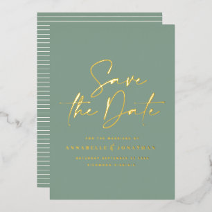 セージグリーンのスクリプトフォイル結婚式Save the Date 箔招待状