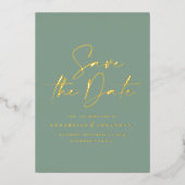 セージグリーンのスクリプトフォイル結婚式Save the Date 箔招待状 (正面)