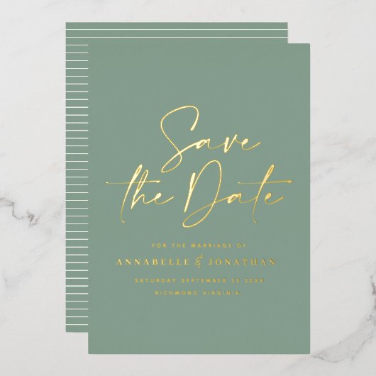 セージグリーンのスクリプトフォイル結婚式Save the Date 箔招待状 (正面/裏面)