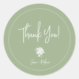 セージグリーンのステッカーに白結婚いバラ ラウンドシール