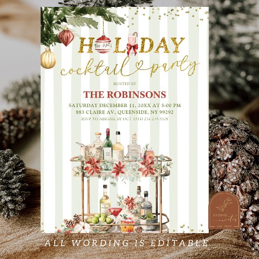 セージグリーンのストライプがクリスマスホリデーコックテイル 招待状