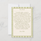セージグリーンのストライプがレトロなエレガントな結婚前のお祝い サンキューカード (裏面)