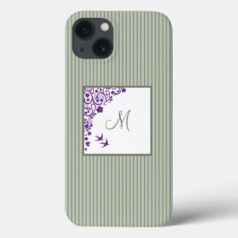 セージグリーンのストライプとパープルのフラワースクリプトモノグラム iPhone 13ケース