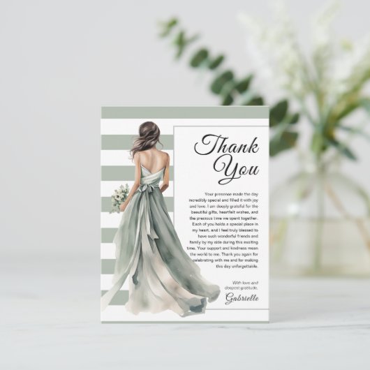 セージグリーンのストライプとポルカドットの花嫁のシャワー サンキューカード (スタンド正面)