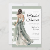 セージグリーンのストライプとポルカドットの花嫁のシャワー 招待状 (正面)