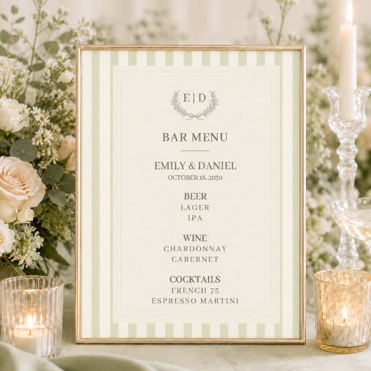 セージグリーンのストライプモノグラム ウェディングバーMenu ポスター