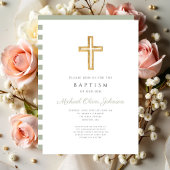 セージグリーンのストライプ柄 クロス 洗礼 招待状