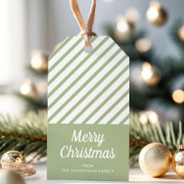 セージグリーンのストライプ メリークリスマス ギフトタグ