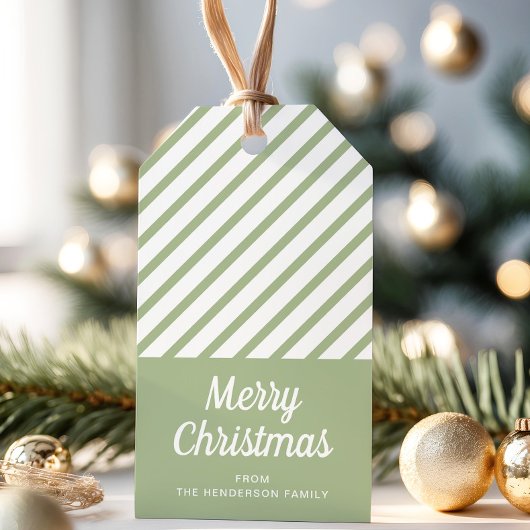 セージグリーンのストライプ メリークリスマス ギフトタグ