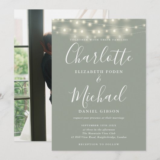 セージグリーンのストリングライトの結婚式の招待状スクリプト写真 招待状 (正面/裏面)