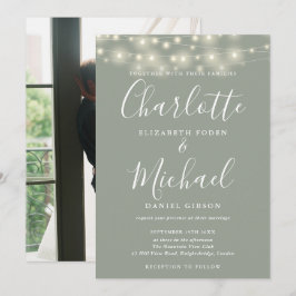 セージグリーンのストリングライトの結婚式の招待状スクリプト写真 招待状