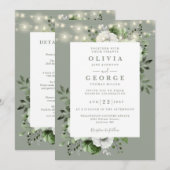 セージグリーンのストリングライトの花をあしらったオールインワンの結婚式 招待状 (正面/裏面)