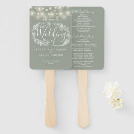 セージグリーンのストリングライト ウェディングプログラム ハンドファン