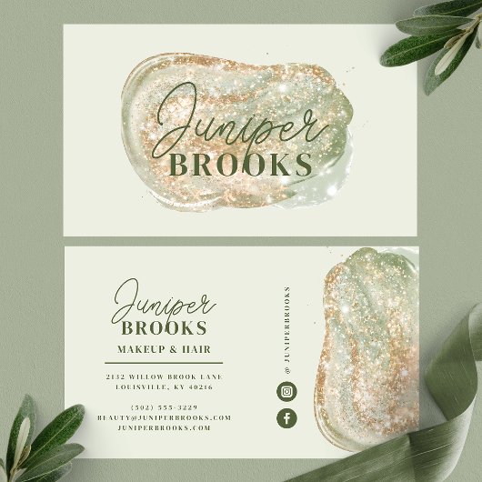セージグリーンのソーシャルメディア シンプル グリッター ウォーターカラー 名刺