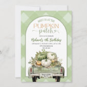 セージグリーンのチェック柄 秋のカボチャパッチ 誕生日 招待状 (正面)