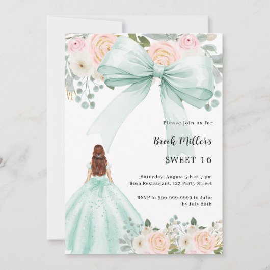 セージグリーンのドレスとピンクの花のスイート16 招待状 (正面)