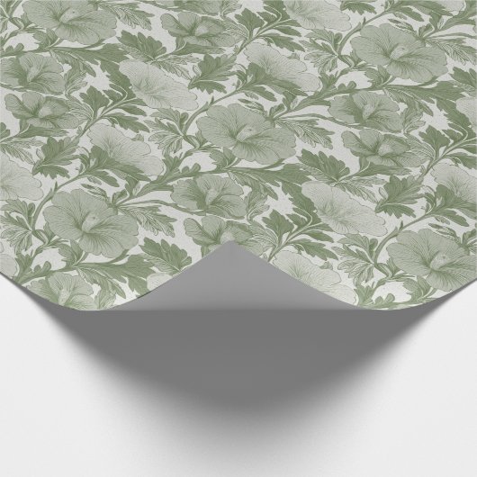 セージグリーンのハイビスカスの花模様 ラッピングペーパー (角)