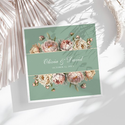 セージグリーンのピーコックガーデンウェディングナプキン