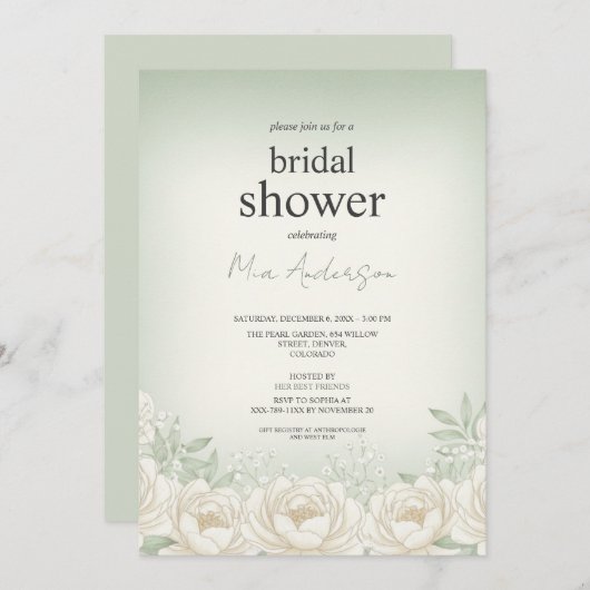 セージグリーンのピーコック ブライダルシャワーの招待状カード 招待状 (正面/裏面)