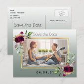 セージグリーンのフォトフラワーウェディング Save the Date 案内ポストカード (正面/裏面)