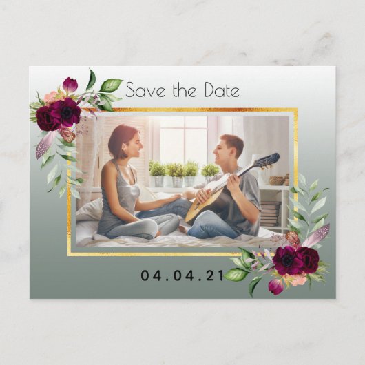 セージグリーンのフォトフラワーウェディング Save the Date 案内ポストカード (正面)