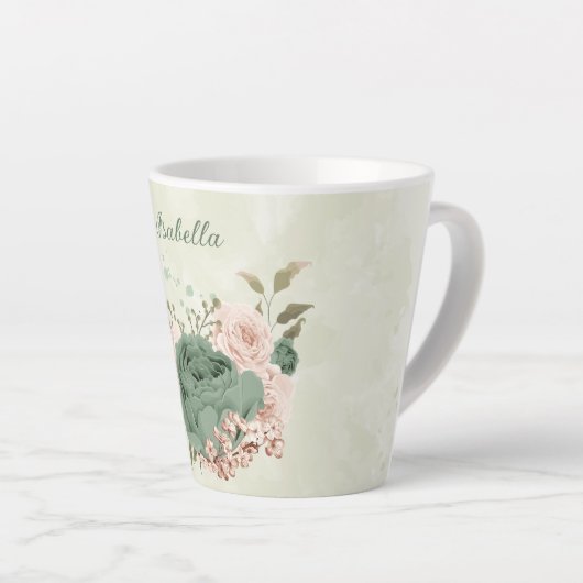 セージグリーンのフラワーブラッシュ カフェラテマグ (右アングル)