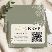 セージグリーンのフラワーモチーフが施されたモダンな結婚式RSVPカード（QRコード付き）