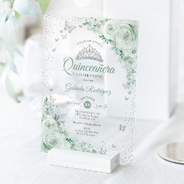 セージグリーンのフラワーローズ ウォーターカラーのバラのデザイン quinceanera アクリル招待状