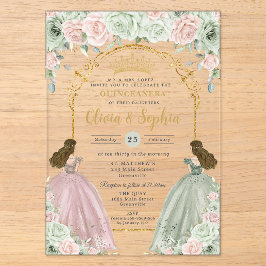 セージグリーンのブーケと華やかなツインズのQuinceañera（キンセアニェーラ）  アクリル招待状