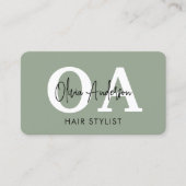 セージグリーンのヘアスタイリストモノグラムQRコード 名刺 (正面)