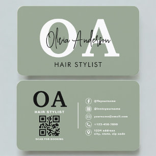 セージグリーンのヘアスタイリストモノグラムQRコード 名刺