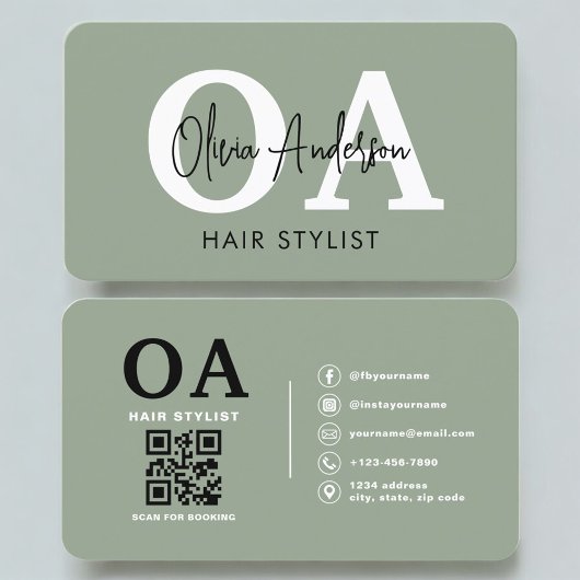 セージグリーンのヘアスタイリストモノグラムQRコード 名刺