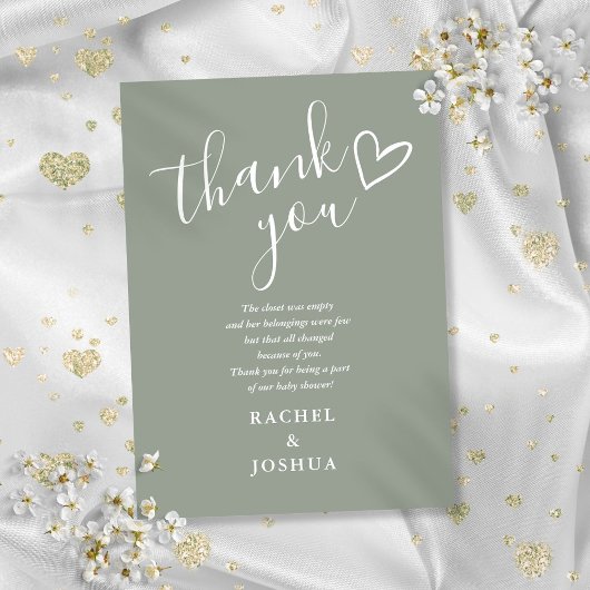 セージグリーンのベイビーシャワースクリプトハート詩 サンキューカード