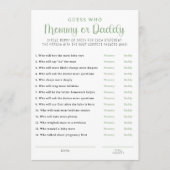 セージグリーンのママ or パパ ベビーシャワーゲーム カード (正面)