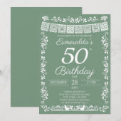 セージグリーンのメキシカンフィエスタ50歳の誕生日招待状 招待状 (正面/裏面)
