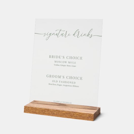 セージグリーンのモダンでエレガントなウェディングシグネチャードリンク アクリルサイン (傾斜)