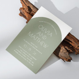セージグリーンのモダンなタイポグラフィー アーチ ウェディング + QR 招待状