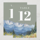 セージグリーンのモダンな水彩山テーブルナンバー 招待状 (正面/裏面)