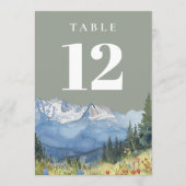 セージグリーンのモダンな水彩山テーブルナンバー 招待状 (正面)