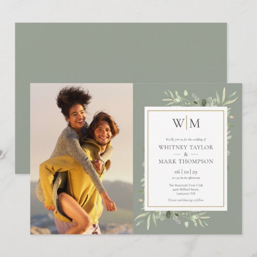 セージグリーンのモノグラムグリーン写真ウェディング 招待状 (正面/裏面)