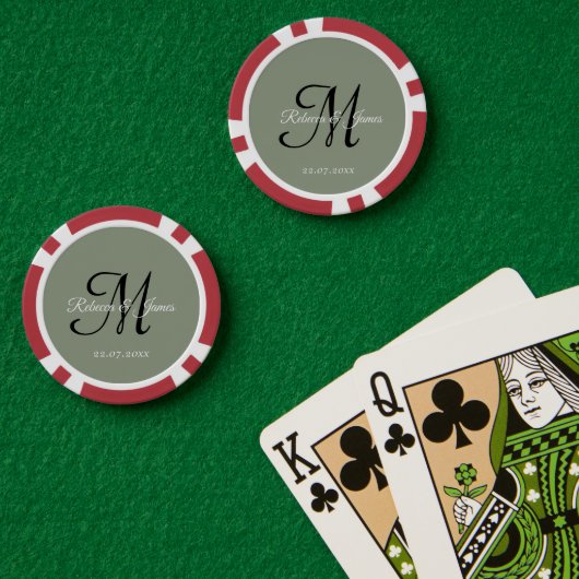 セージグリーンのモノグラムスクリプト名の結婚式 ポーカーチップ (ポーカーテーブル (ダブル))