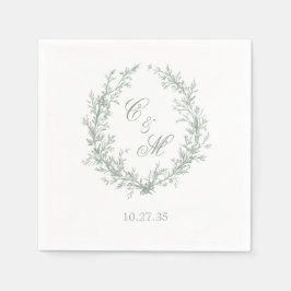 セージグリーンのモノグラムボタニカルリースの結婚式 スタンダードカクテルナプキン