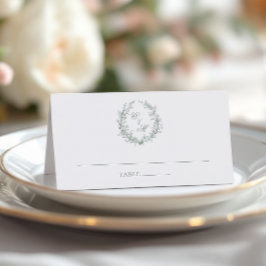 セージグリーンのモノグラムボタニカルリースの結婚式 プレイスカード