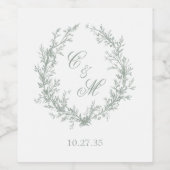 セージグリーンのモノグラムボタニカルリースの結婚式 ワインラベル (シングルラベル)
