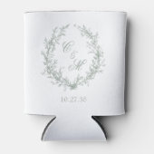 セージグリーンのモノグラムボタニカルリースの結婚式 缶クーラー (正面)