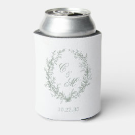 セージグリーンのモノグラムボタニカルリースの結婚式 缶クーラー