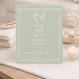 セージグリーンのモノグラムリースの結婚式Save the Date 