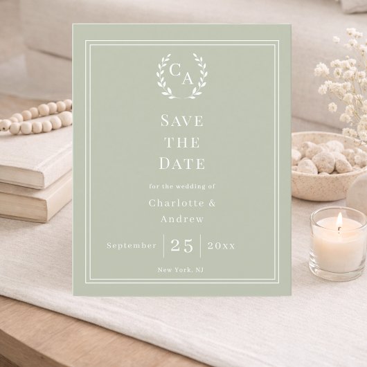 セージグリーンのモノグラムリースの結婚式Save the Date 