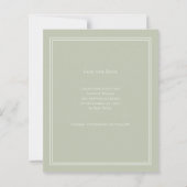 セージグリーンのモノグラムリースの結婚式Save the Date  (裏面)