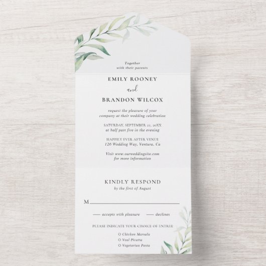 セージグリーンのユーカリグリーンがおしゃれなエレガントウェディング オールインワン招待状 (内側)